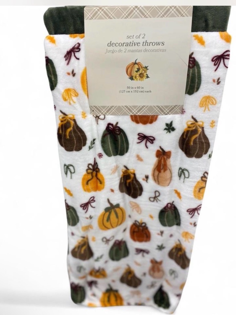 Set of 2 Pumpkin Throw Blanket Set - White Pumpkin Pattern & Solid Green